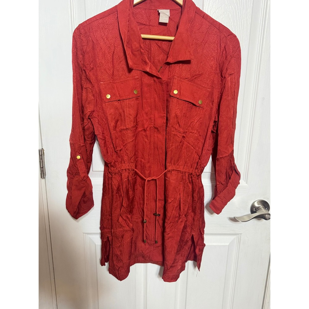 Red Jacquard Animal Print Utility shirt Zip Front Long Sleeve Drawstring